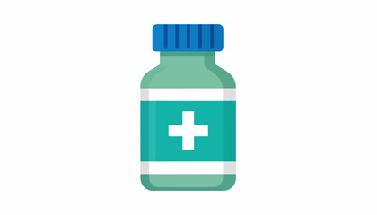 Cartoon illustration of a teal medicine bottle with a white plus sign.