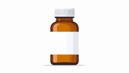 Amber glass bottle with white cap and blank label, isolated on white background.