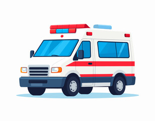 A cartoon illustration of a white ambulance with red stripes and flashing lights, ready to respond.