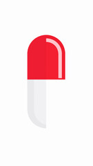 A red and white capsule pill is depicted against a white background in a minimalist, flat style.