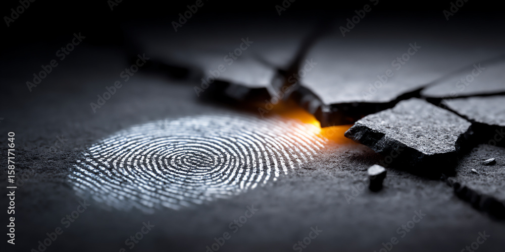 Poster close-up photograph of a fingerprint on a dusty surface next to a broken object