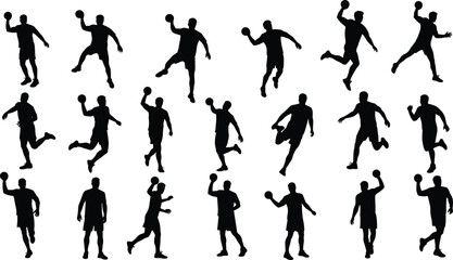 Silhouettes of male handball players performing dynamic sports actions, jumping, running, and throwing ball, vector illustration for design and print