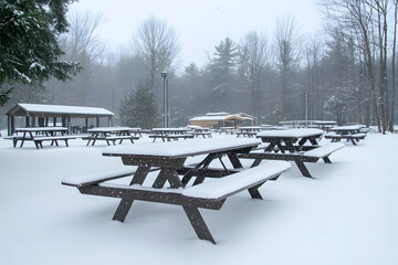 a group of picnic tables covered in snow