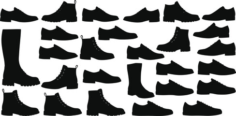 Silhouettes of various shoes and boots in black vector style, fashion footwear design for apparel, branding, illustration, and template use