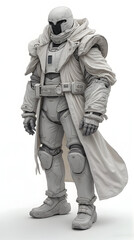 Standing Robotic Figure in White Protective Suit and Duster