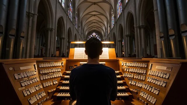 Man from behind playing a large pipe organ in a grand cathedral. Organist performing classical music on a historic instrument inside a church with gothic architecture.