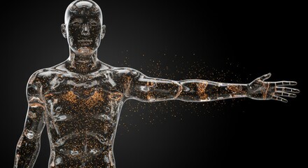 Transparent Human Figure with Glowing Particles, representing the essence of futuristic technology