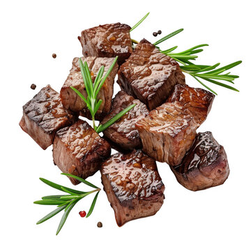 Grilled beef cubes isolated on white and transparent background.