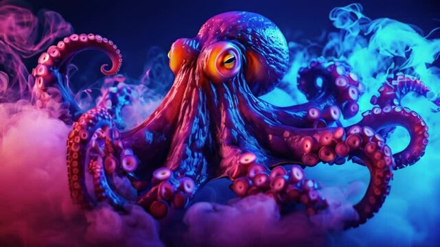 Dramatic octopus emerging from ink cloud with neon spotlight