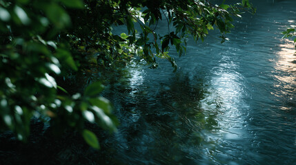 緑のある水辺に降り続ける雨
