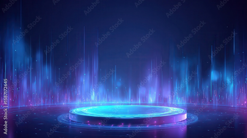 Poster abstract futuristic tech background with glowing holograms and a blue circular podium for product di