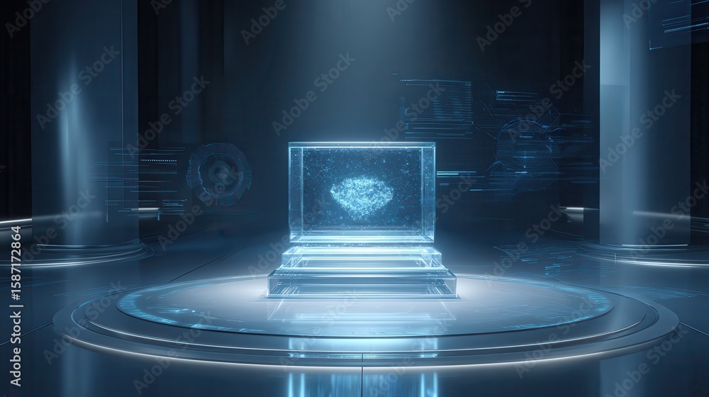 Poster an elegant, transparent podium made of futuristic materials, with holographic interfaces and floatin