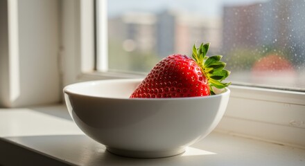 Single perfectly ripe red strawberry in a white bowl on windowsill bathed in sunlight