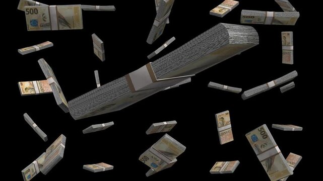 Falling stacks of Seychellois rupees capturing the essence of wealth