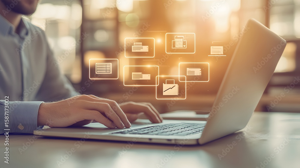 Poster person using a laptop with file management icons displayed.