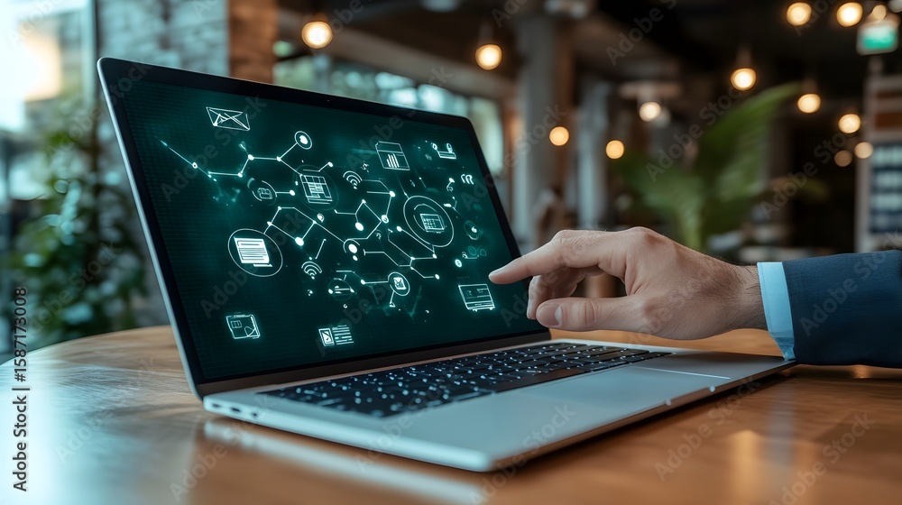 Poster a person interacts with a laptop displaying a network graphic.