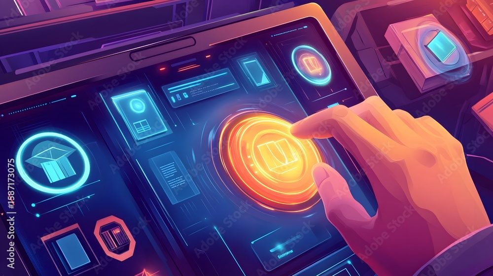 Poster close-up of a futuristic digital interface with interactive elements.