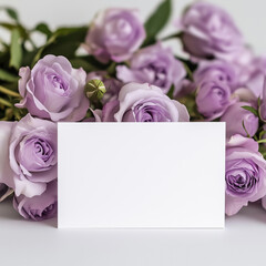 Blank card mock up on the table decorated with flowers