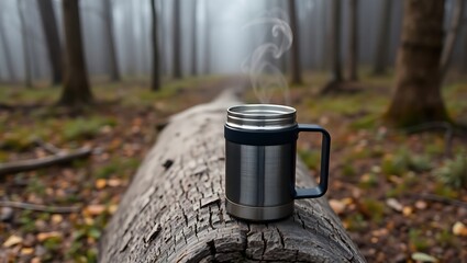Fototapeta premium Coffee in a travel thermos with steam rising, placed on a log in a forest setting, early morning fog, no humans