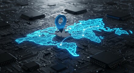 Digital world map glowing on circuit board for global connectivity