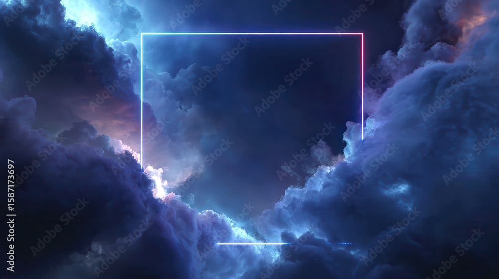 Poster 3d rendering, abstract futuristic background with neon geometric shape and stormy cloud on night sky