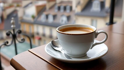 Obraz premium Coffee with milk in a French café-style cup, on a balcony table with Parisian rooftop view blurred in the background