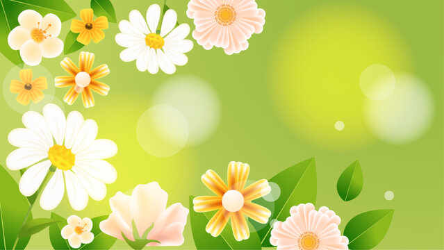 Various colorful flowers and green leaves on a green background. Perfect for botanical prints, nature themed designs, springtime promotions, and vibrant wallpapers.