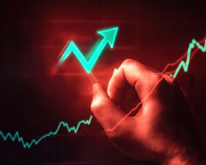 A hand pointing to a green arrow on a screen with a rising graph in a dark red background illustration