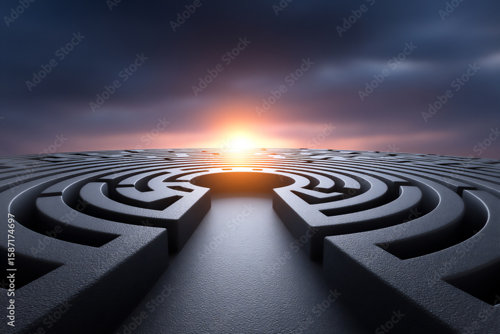 Poster top-down photograph of a complex maze with a single path leading to the center