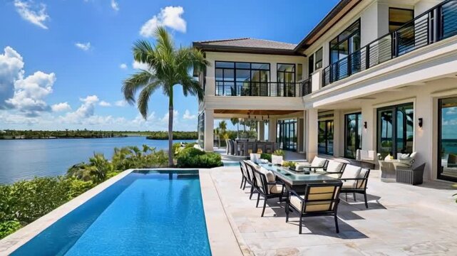 Florida luxury mansion lanai patio on the waterfront with screened in pool, exterior home design.