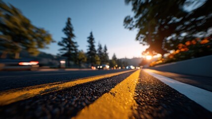 Vibrant Perspective of a Scenic Road at Sunset with Sharp Details