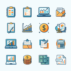 Collection of Business Icons Illustrating Data Analysis, Financial Strategy, and Growth Metrics in a Digital Workspace Setting