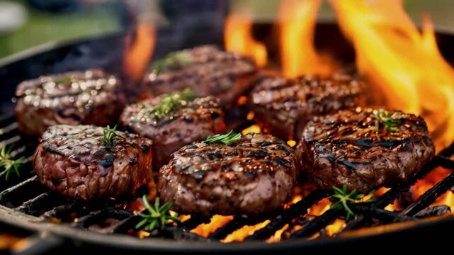 Flame grill with burgers and steak - BBQ meat - Food photography - Beef.