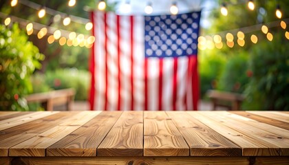 Wooden table top with blurred American flag background (1)