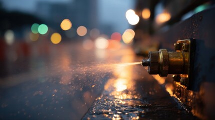 High-Pressure Nozzle Shooting Intense Close-Up in Urban Setting