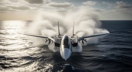A fighter jet, F-14 Tomcat, flies low over the ocean surface, creating a cloud of spray behind it.