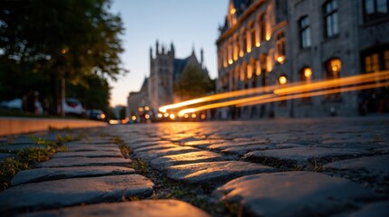 Low Angle Street View of Gothic Neighborhood at Dusk