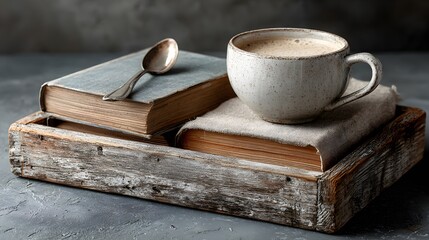 Cozy scene features a mug of coffee on antique books inside of a distressed wooden tray on textured surface.