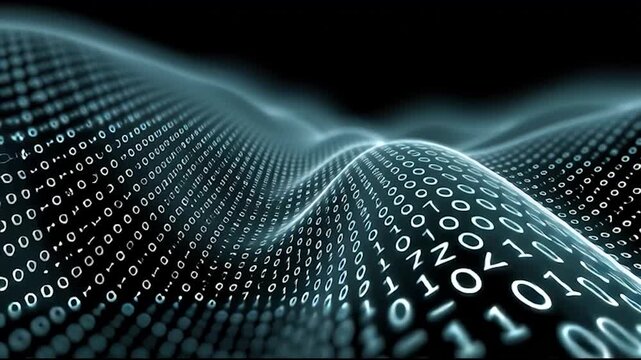 A digital landscape of flowing binary code forms a wave-like, abstract network on a dark background.