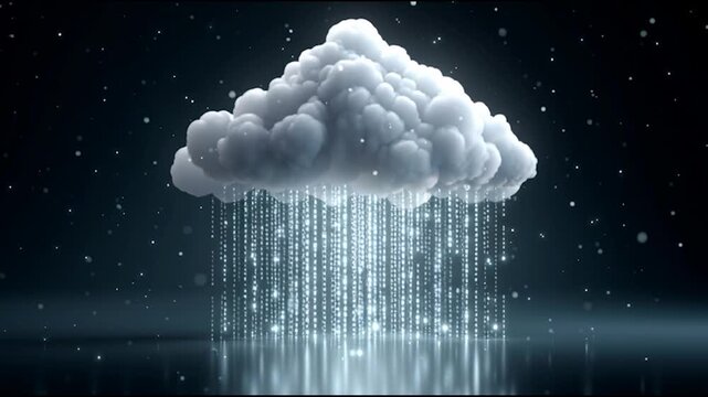 A fluffy cloud hovers in a dark space, emitting streams of glowing digital data or binary code resembling rain.