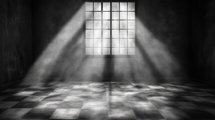 Dark room, window light, grunge floor, smoky effect, horror background