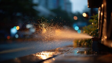 Powerful Water Mist Blasting Upward from Urban Street Scene