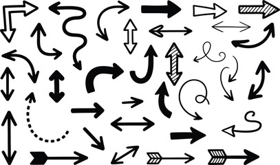 A collection of hand-drawn black arrow symbols. A large set of doodle-style pointers for indicating direction, isolated on a white background.
