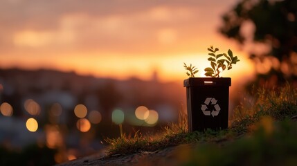 Silhouette of Recycling Bin on Grassy Hill at Sunset with Plants