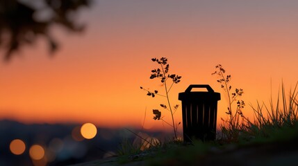 Silhouette of Recycling Bin on Grassy Hill at Sunset