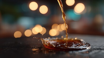 Slow Motion Coffee Pouring on Dark Surface with Bokeh Lights