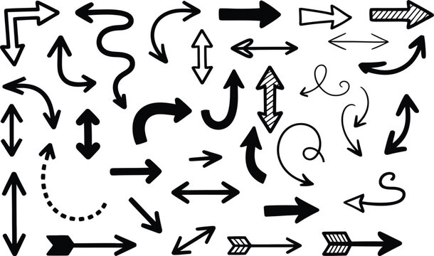 A collection of hand-drawn black arrow symbols. A large set of doodle-style pointers for indicating direction, isolated on a white background.
