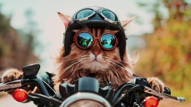 Funny cat biker. Fluffy cute pet in helmet and goggles fast riding motorcycle..
