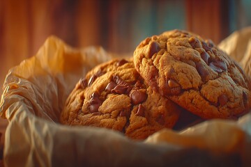 Freshly Baked Chocolate Chip Cookies on Parchment Paper