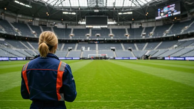 Woman worker from behind looking out over an empty soccer stadium. Female staff member on a green football field preparing for an event.